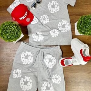 Gray and White Graphic T-Shirt and Shorts Set